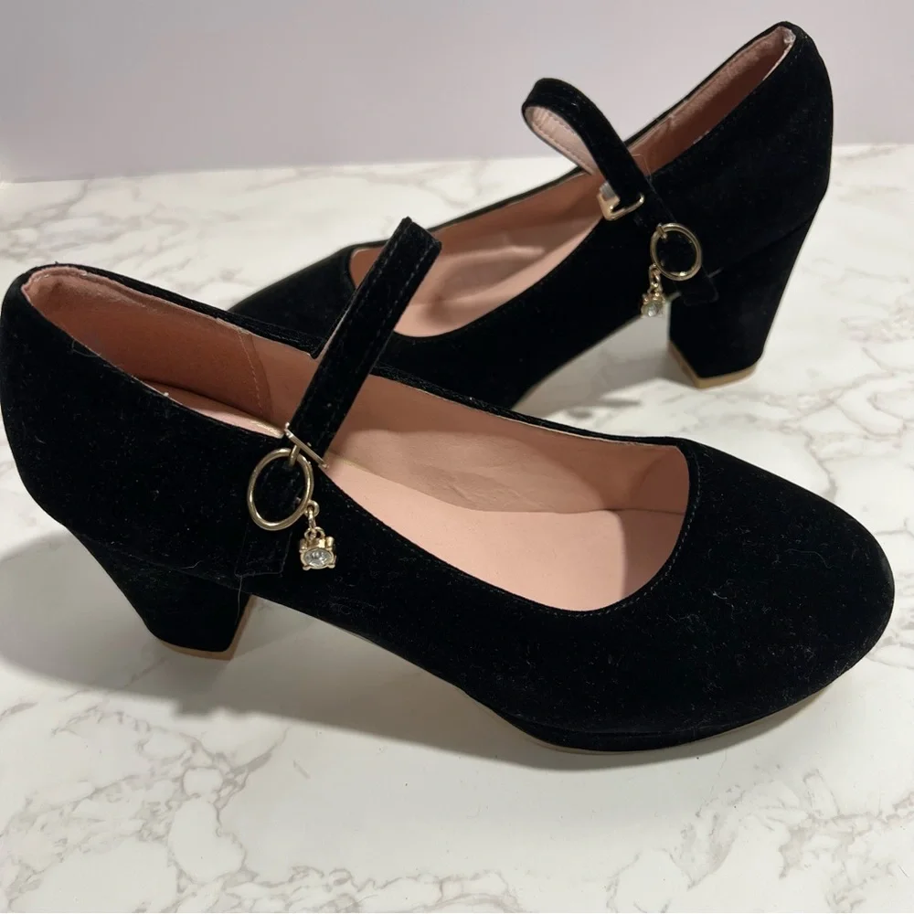 Elegant Black Suede, Rhinestone Embellished Mary Jane Heels -- EU 39 -- US 7.5/8